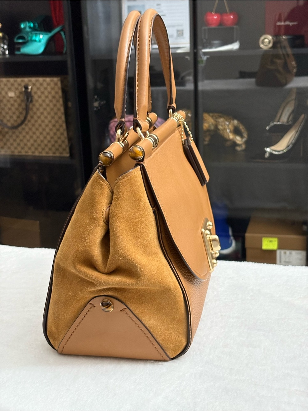 COACH DRIFTER LEATHER & SUEDE SATCHEL HANDBAG- Saddle & Camel- Turn Lock - Picture 4 of 16